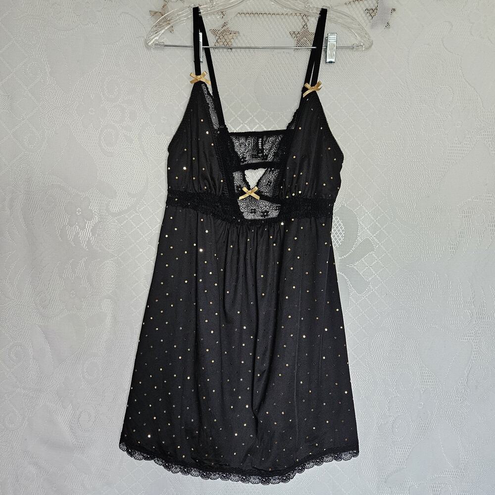 Torrid Size 1 Y2K Black Lace Trim Gold Glitter Dot Lingerie Baby Doll Slip Dress